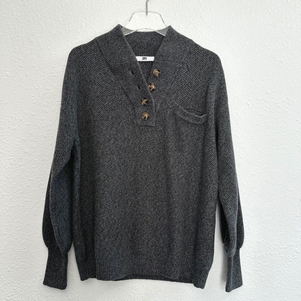 Lunya Cotton Silk Pocket Henley Sweater Women XS/S Grey Heather Waffle Knit